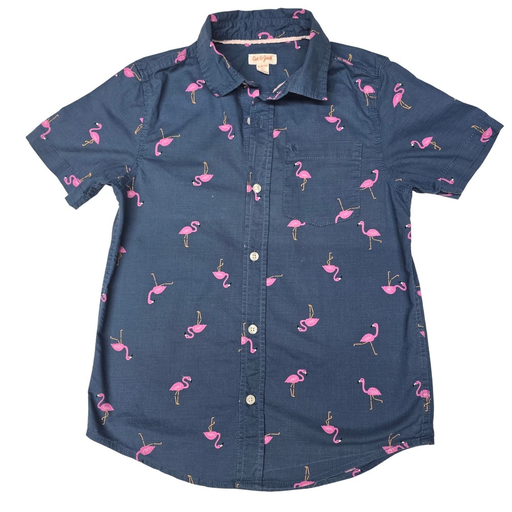 Cat & Jack Boys Navy Pink Flamingo Short Sleeve Button Down Shirt Size M 8/10